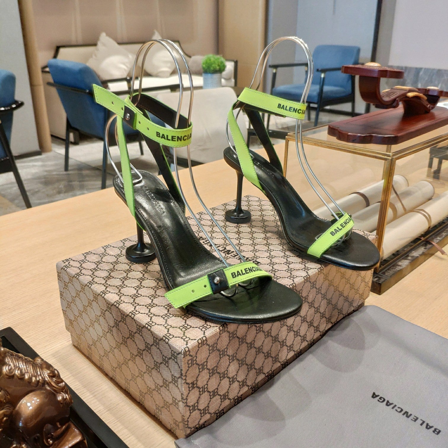 Balenciaga 26s High Heel Sandals 105 Black Green Leather 681312