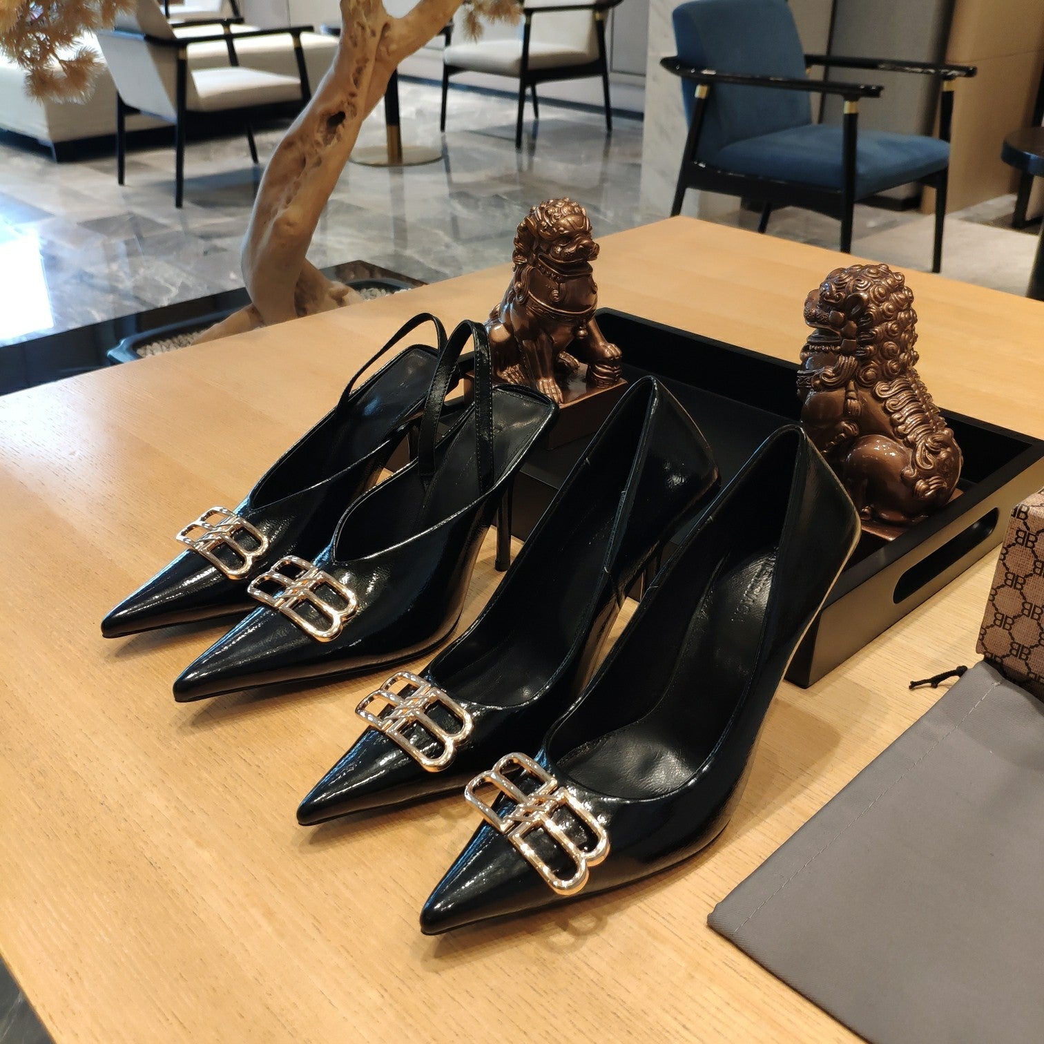 Balenciaga 26s High Heel 100 Black Patent Leather Gold Logo 681183