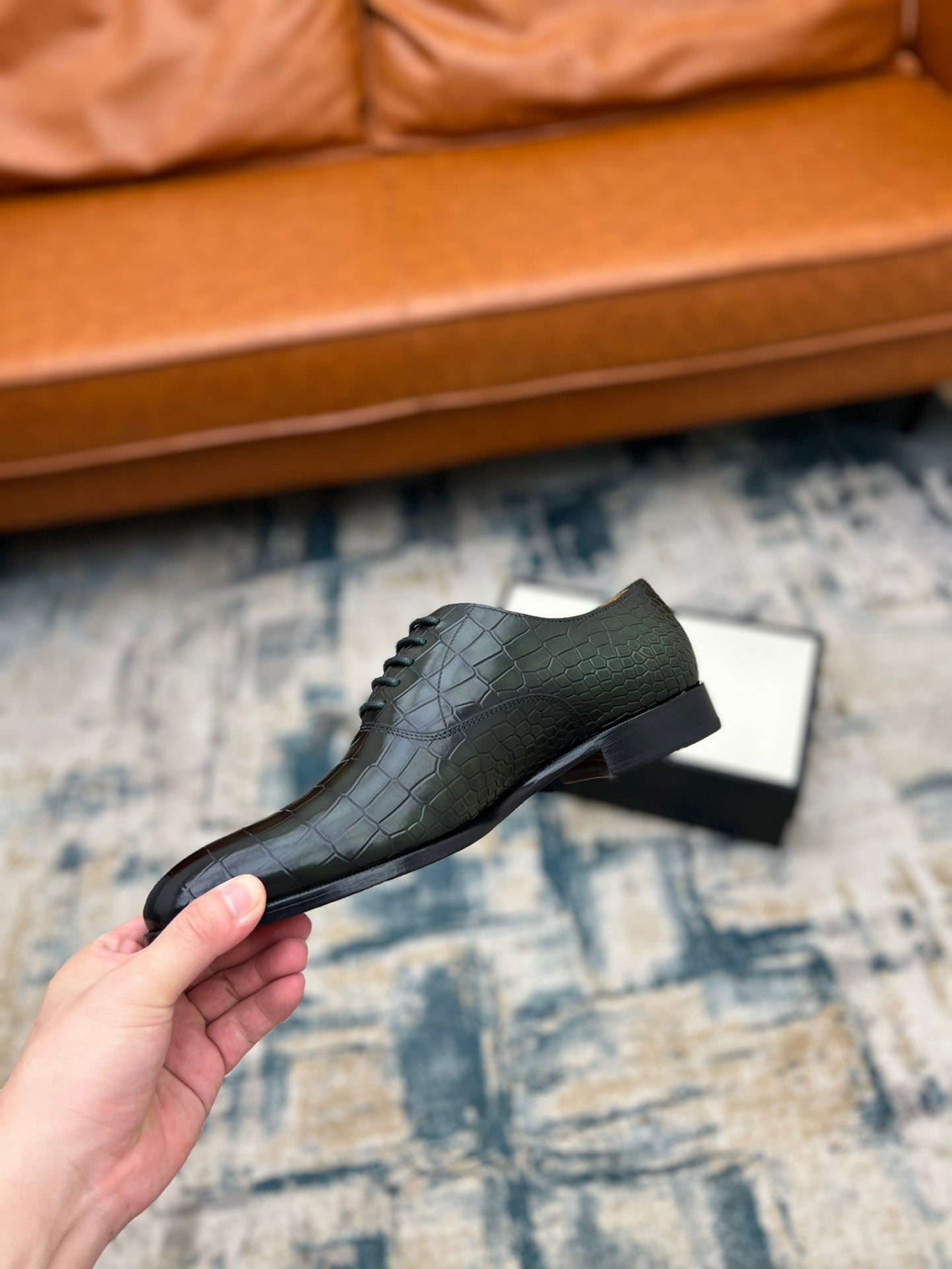 GG Men's Dress Shoe Green Crocodile Embossed Calfskin 533109