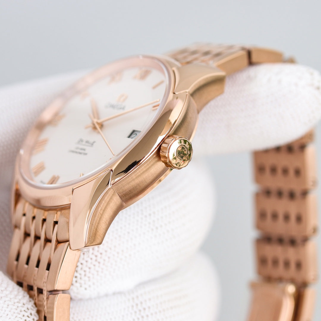 Omega De Ville Co-Axial Chronometer 41mm Watch White Dial Rose Gold Strap