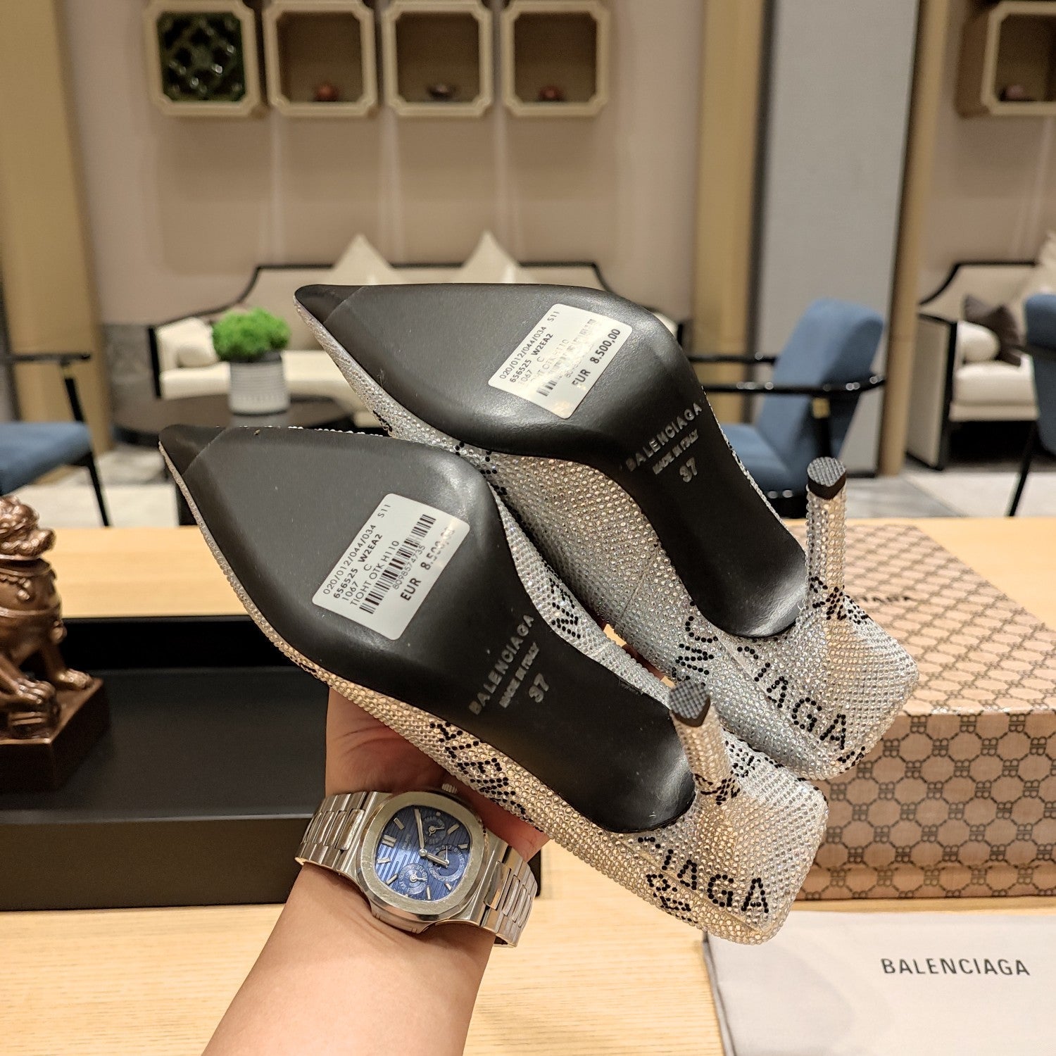 Balenciaga 26s High Heel Pump 100 Sliver Rhinestone Cowhide 681192