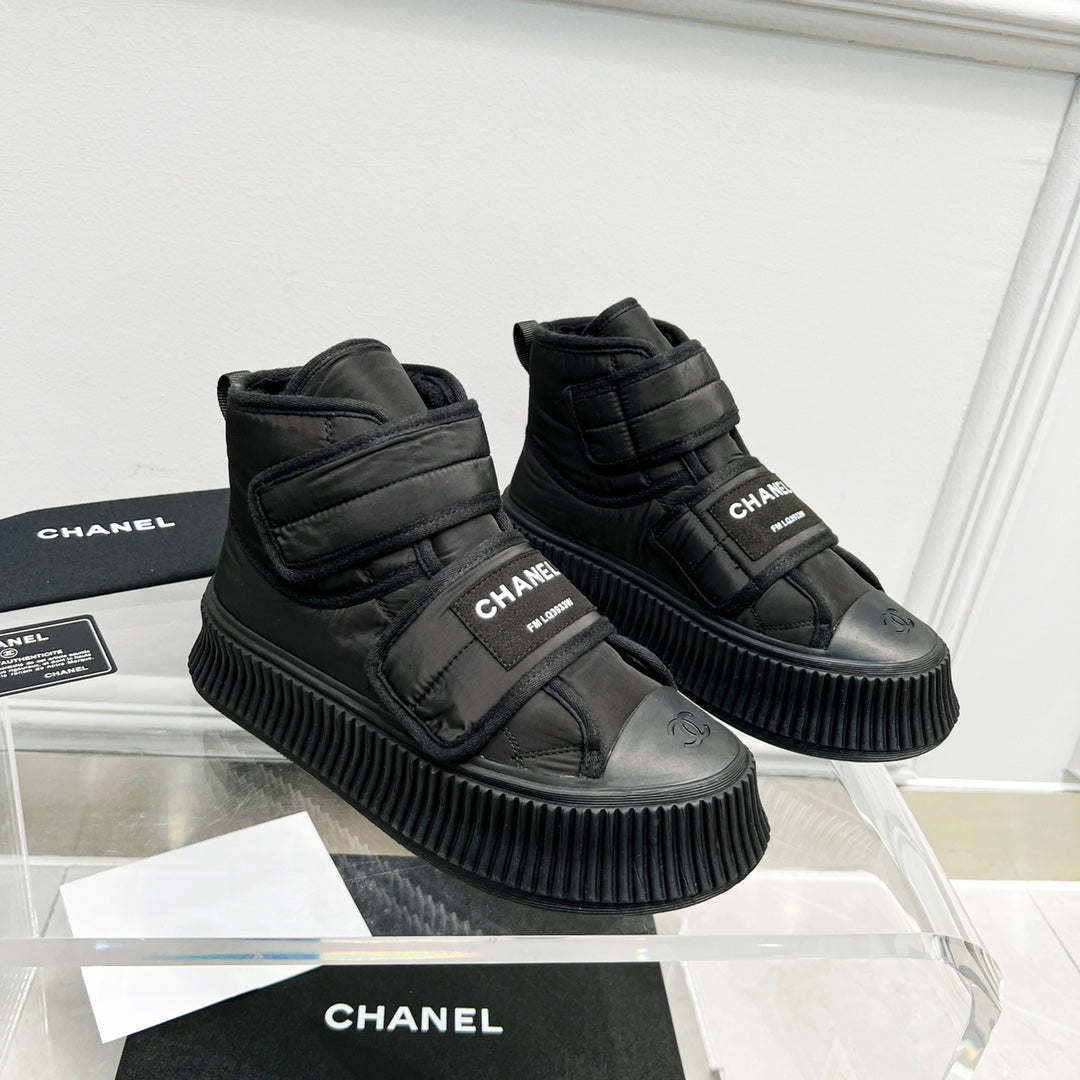 CC High Top Sneaker Thick-Soled Black Rain Velvet Fabric