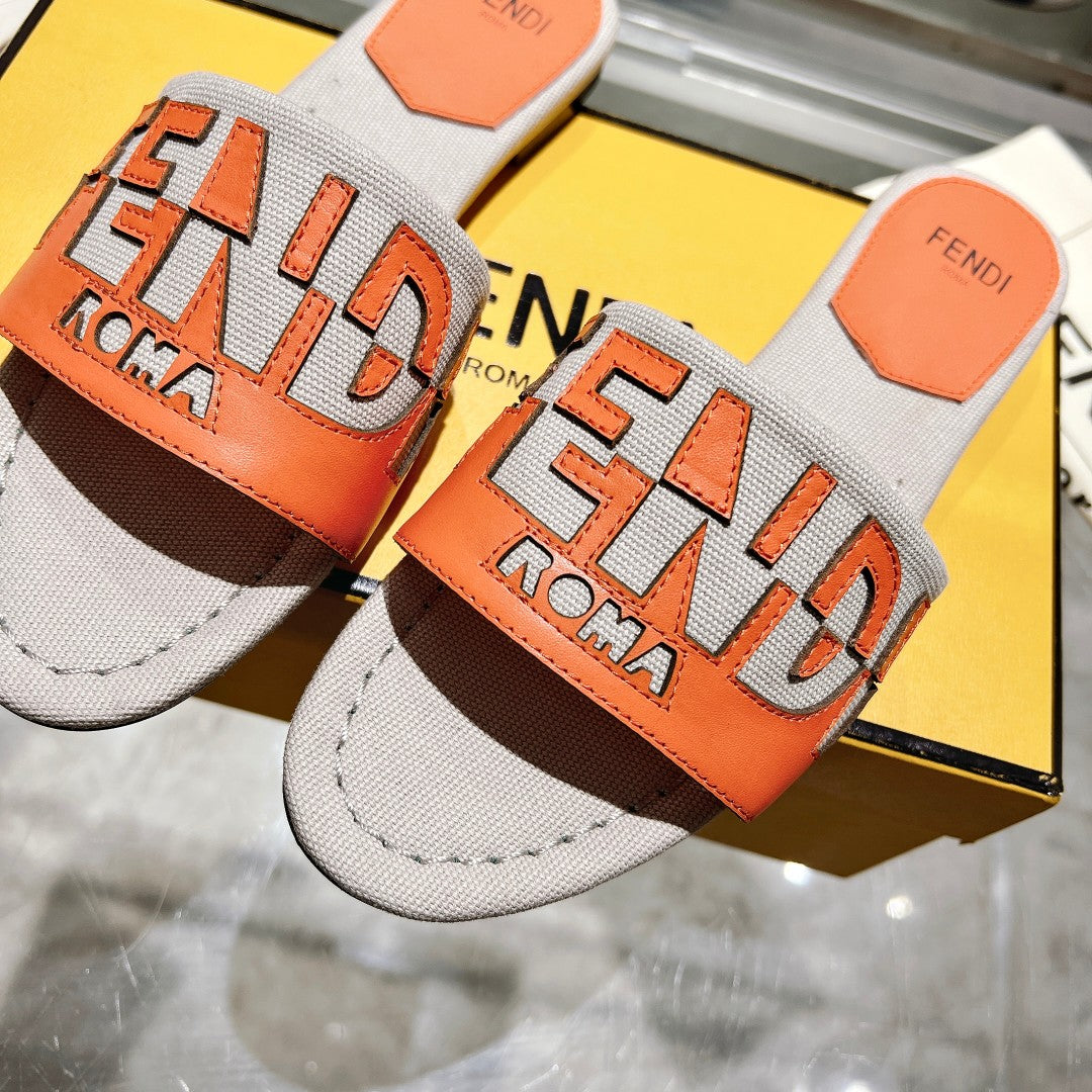 FF Women Roma Signature Orange Grey Canvas Leather Slide