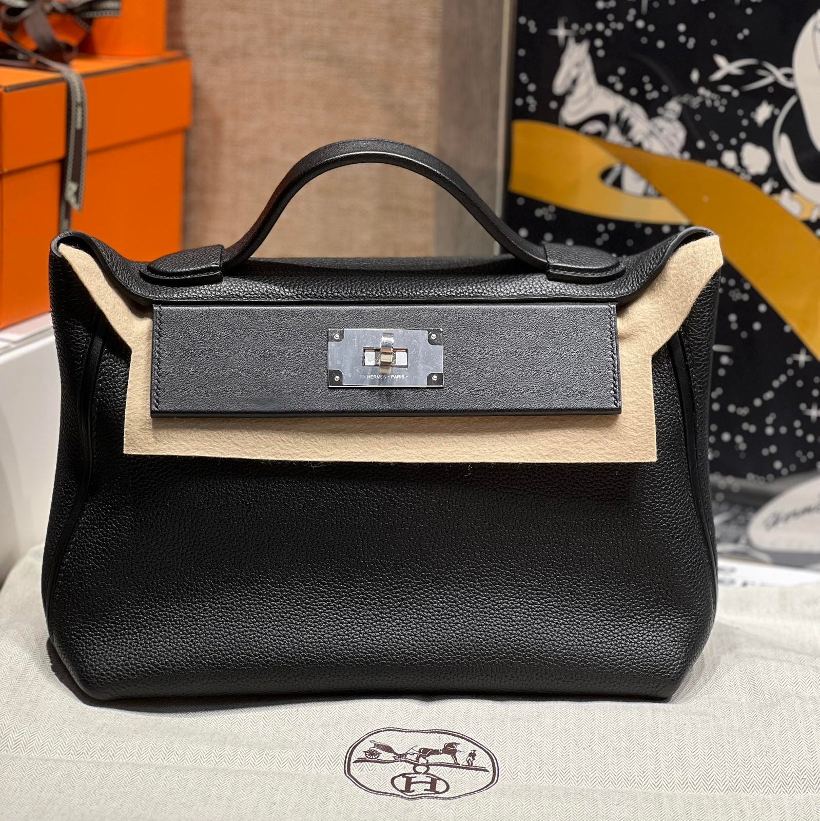 HM 24/24 Bag Black Leather Silver Hardware