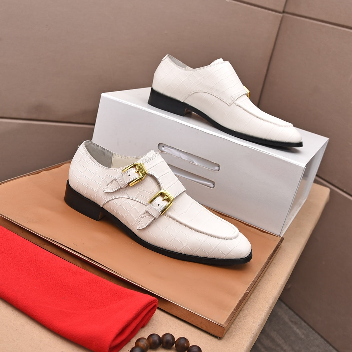 GG Men's Double Monk Strap Loafer White Embossed Cowhide