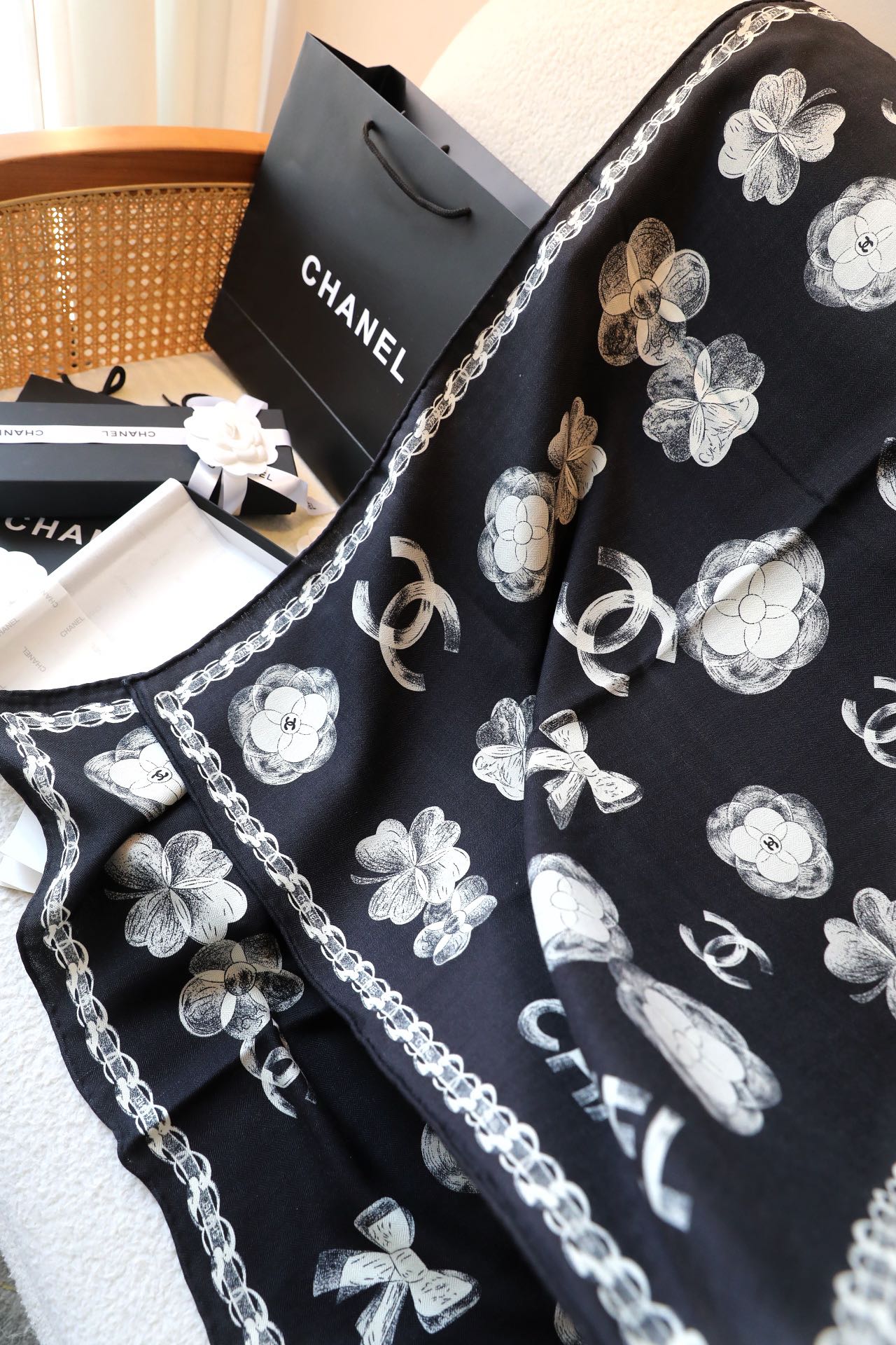 CC Scarf 180 CM In Black White Cashmere Silk 401134