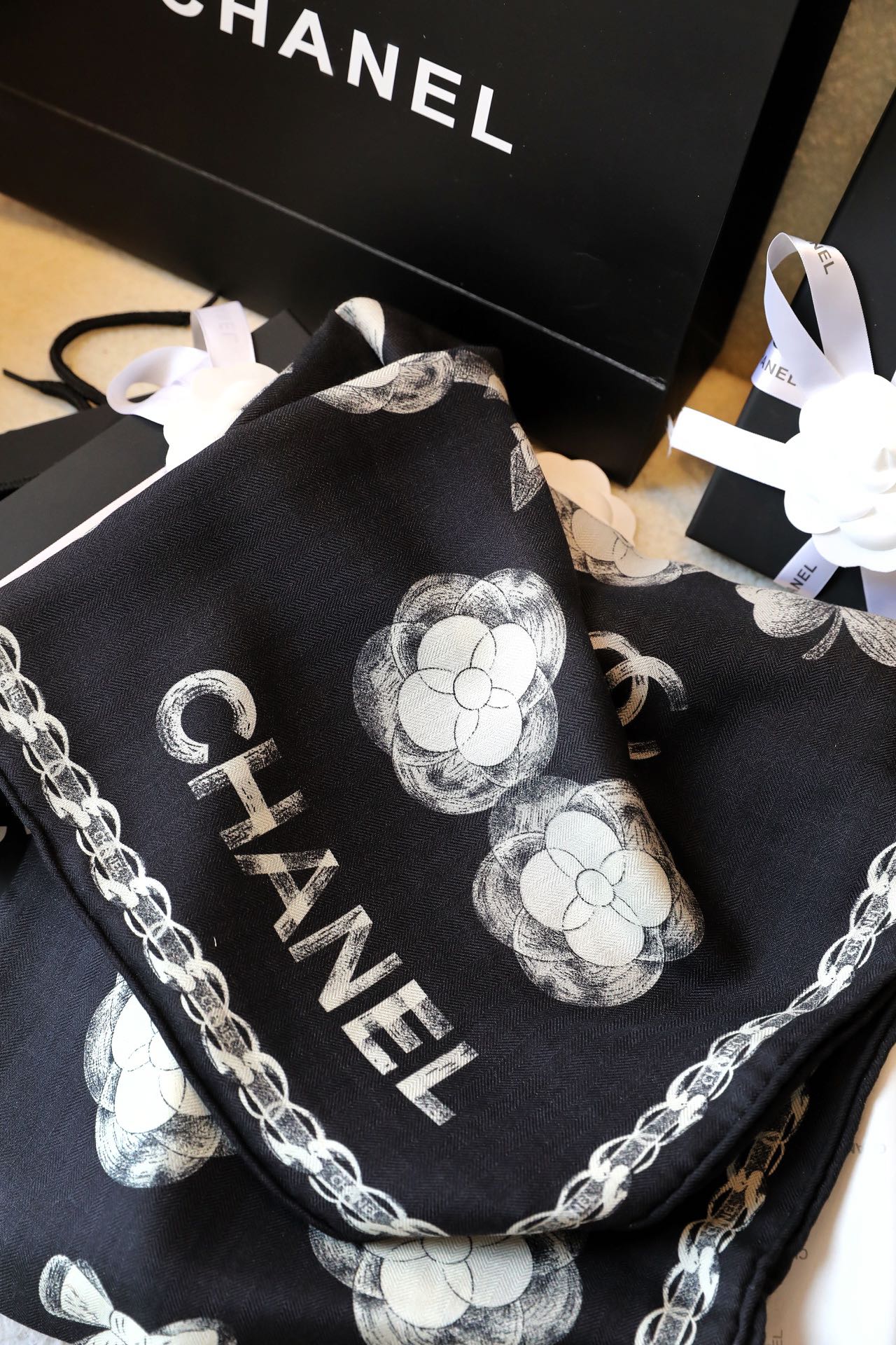 CC Scarf 180 CM In Black White Cashmere Silk 401134