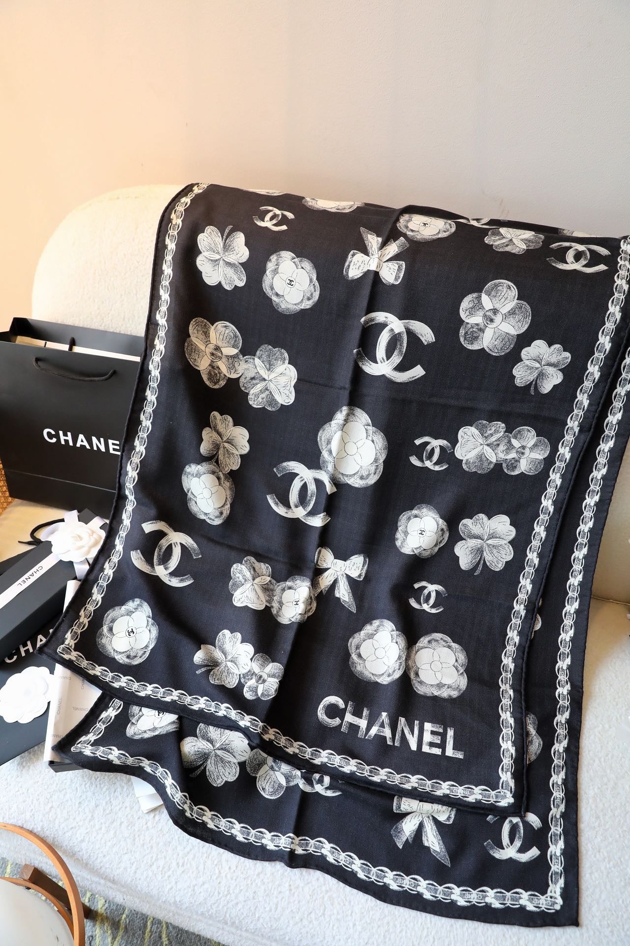 CC Scarf 180 CM In Black White Cashmere Silk 401134