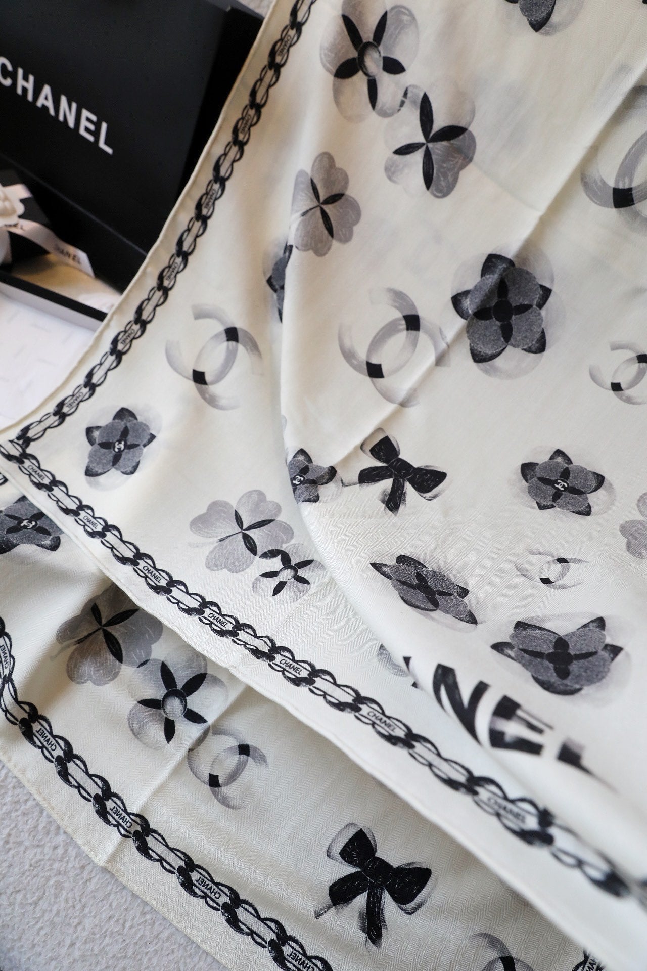 CC Scarf 180 CM In White Black Cashmere Silk 401133