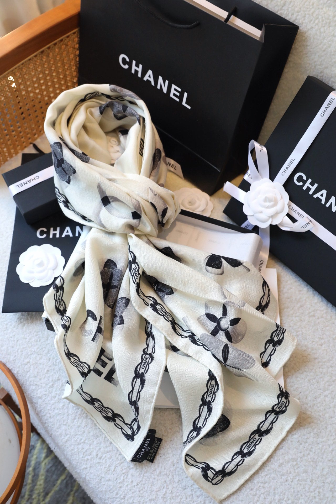 CC Scarf 180 CM In White Black Cashmere Silk 401133