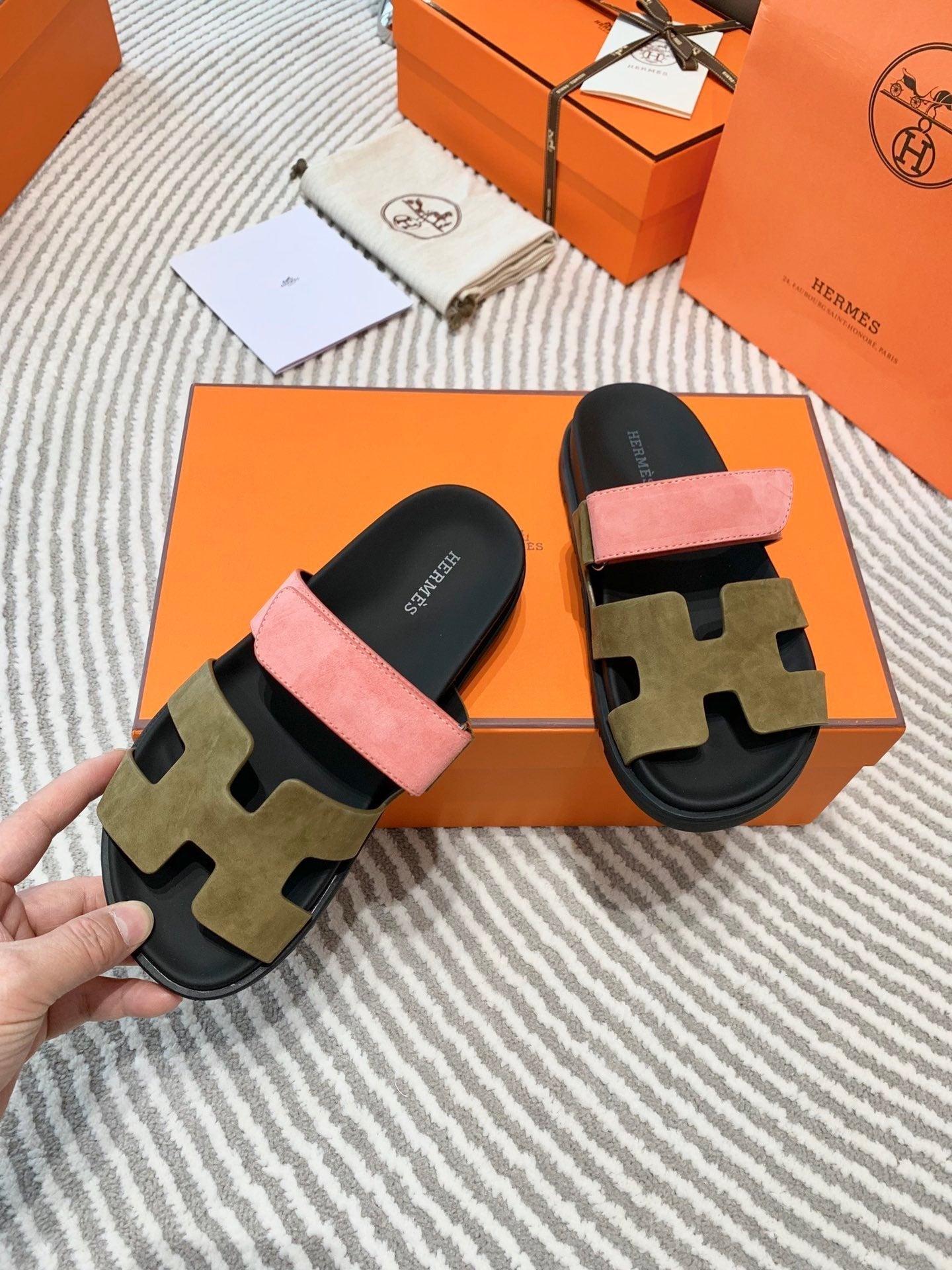 HM Chypre Sandal Moss Green Brown Mix Coral Pink Suede 963244