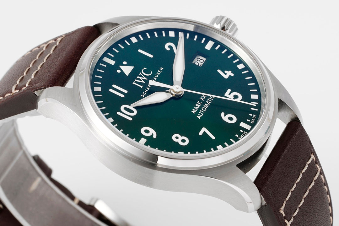 IWC Pilot 40mm Green Dial Steel Case Brown Leather Strap