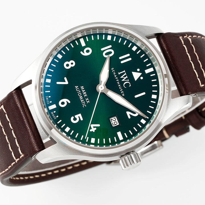 IWC Pilot 40mm Green Dial Steel Case Brown Leather Strap