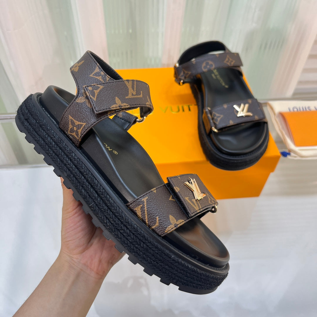 Louis Vuitton 2026 Sunset Flat Comfort Sandal Black Brown Leather 711883