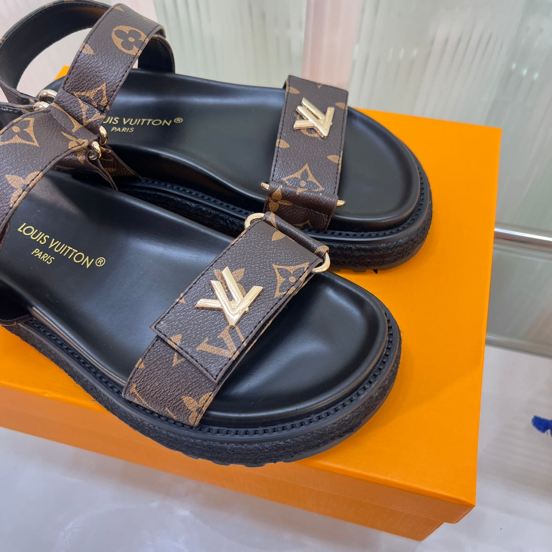 Louis Vuitton 2026 Sunset Flat Comfort Sandal Black Brown Leather 711883