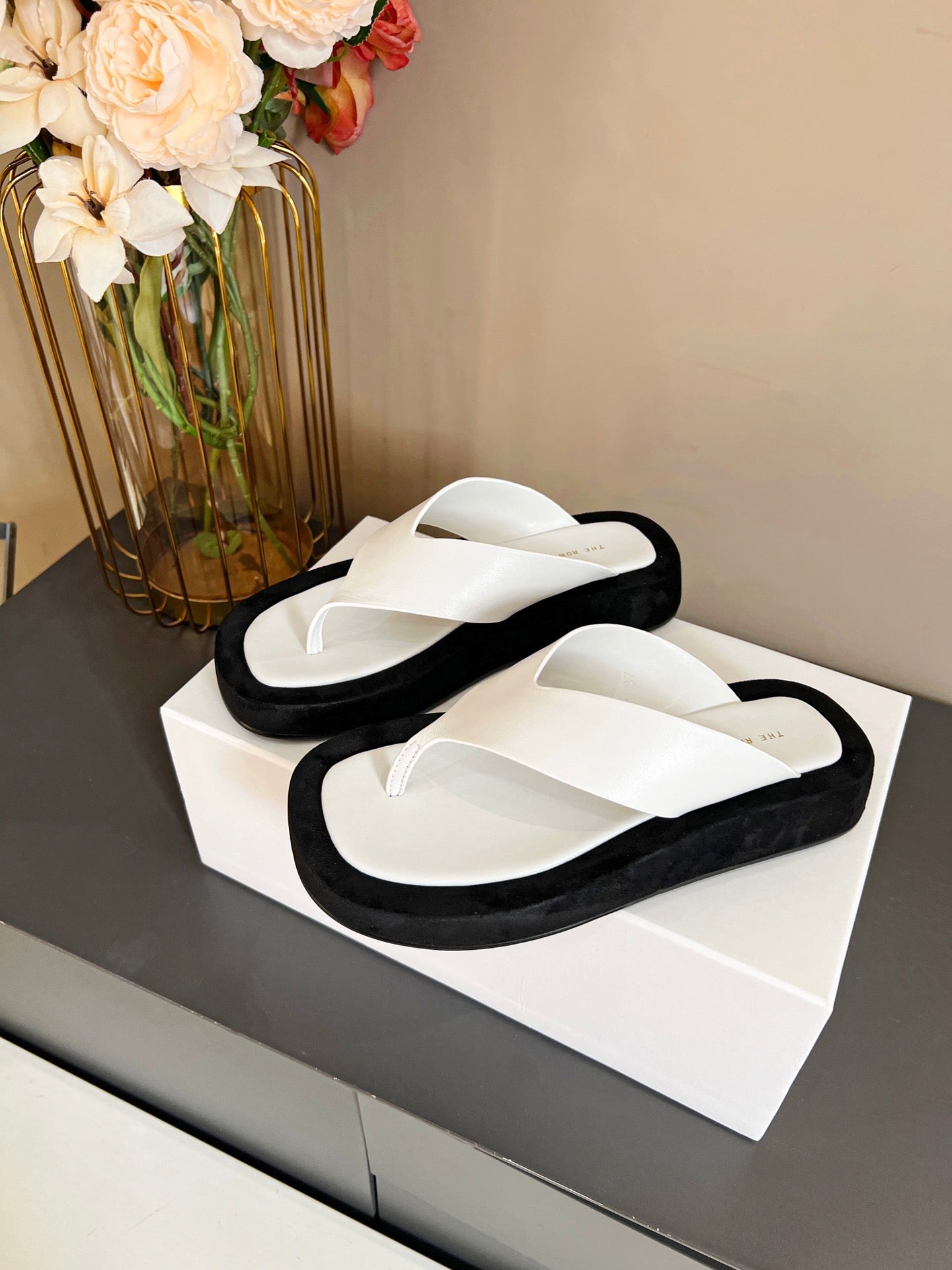 The Row Ginza Platform Sandal Black White Velvet Leather 293551
