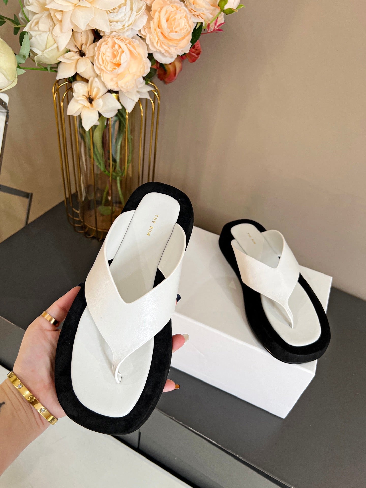 The Row Ginza Platform Sandal Black White Velvet Leather 293551