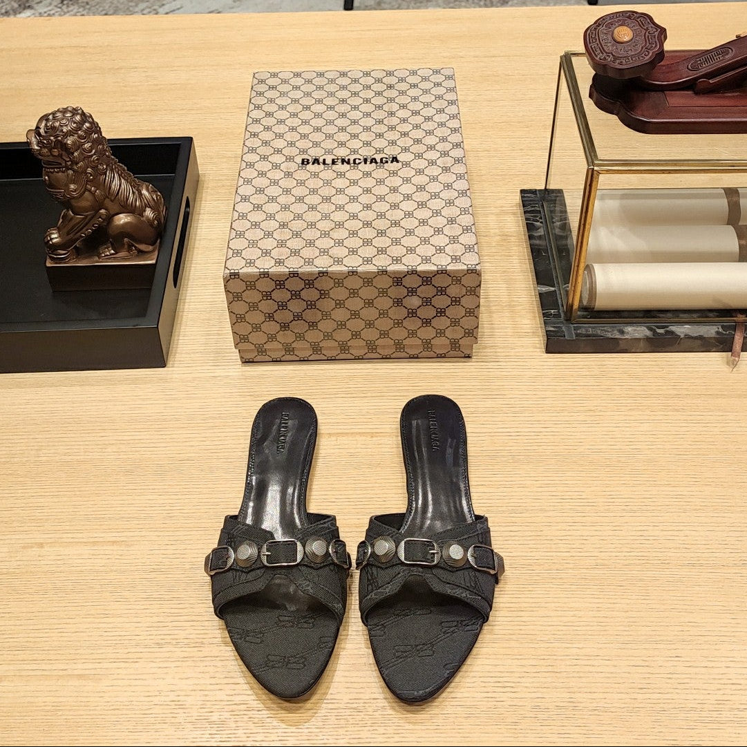Balenciaga 26s Flat Slippers Black Canvas Leather  681306