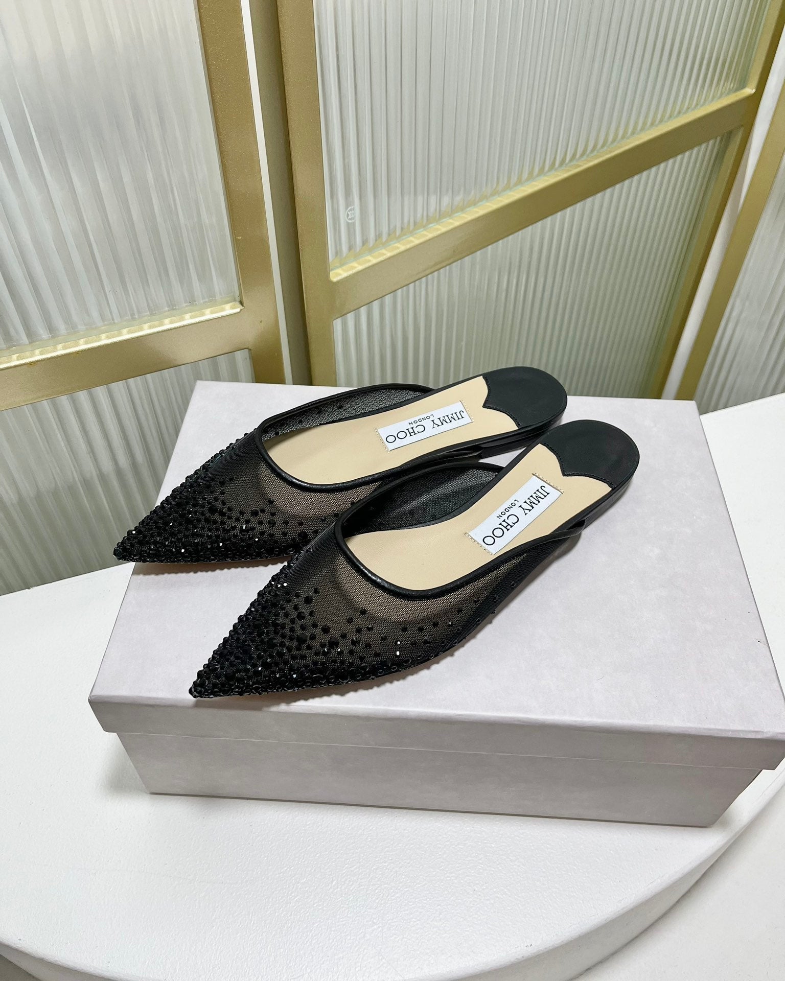 Jimmy Mule In Black Mesh Fabric With Swarovski Crystal 597874