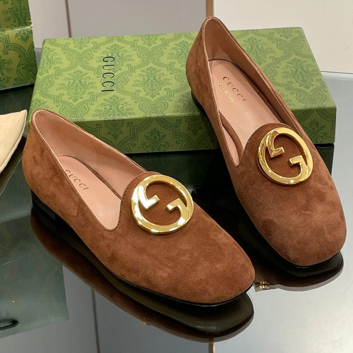 Blondie Logo Plaque Loafers In Bronze Brown Suede With Gold Hardware