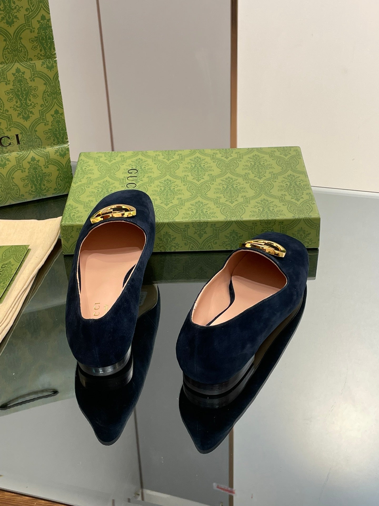 BLONDIE LOGO-PLAQUE LOAFERS IN SPACE BLUE SUEDE