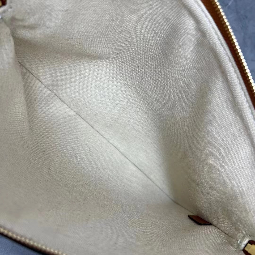 Celine 2026 Pouch With Strap 24cm White Tan Textile Calfskin 281834
