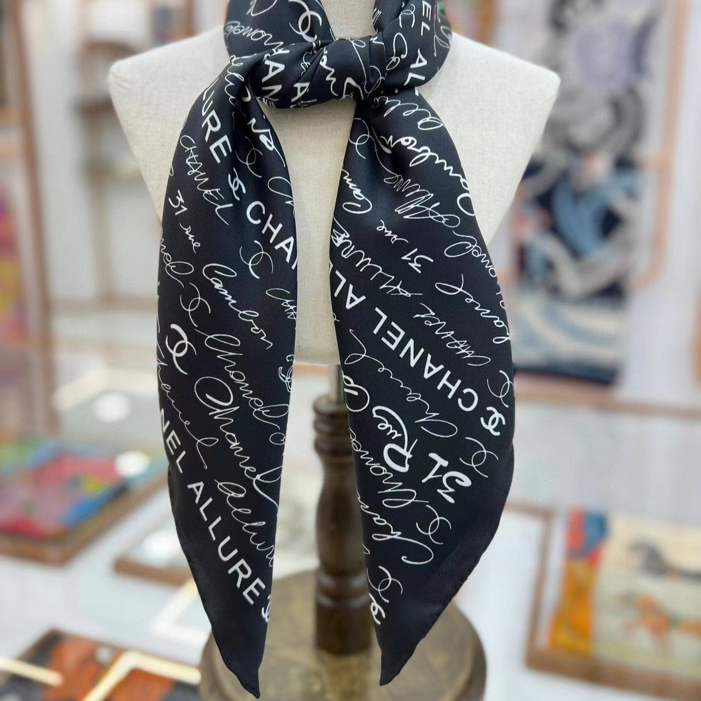 CC Square Scarf 90 CM In Black With White Text Silk  288695