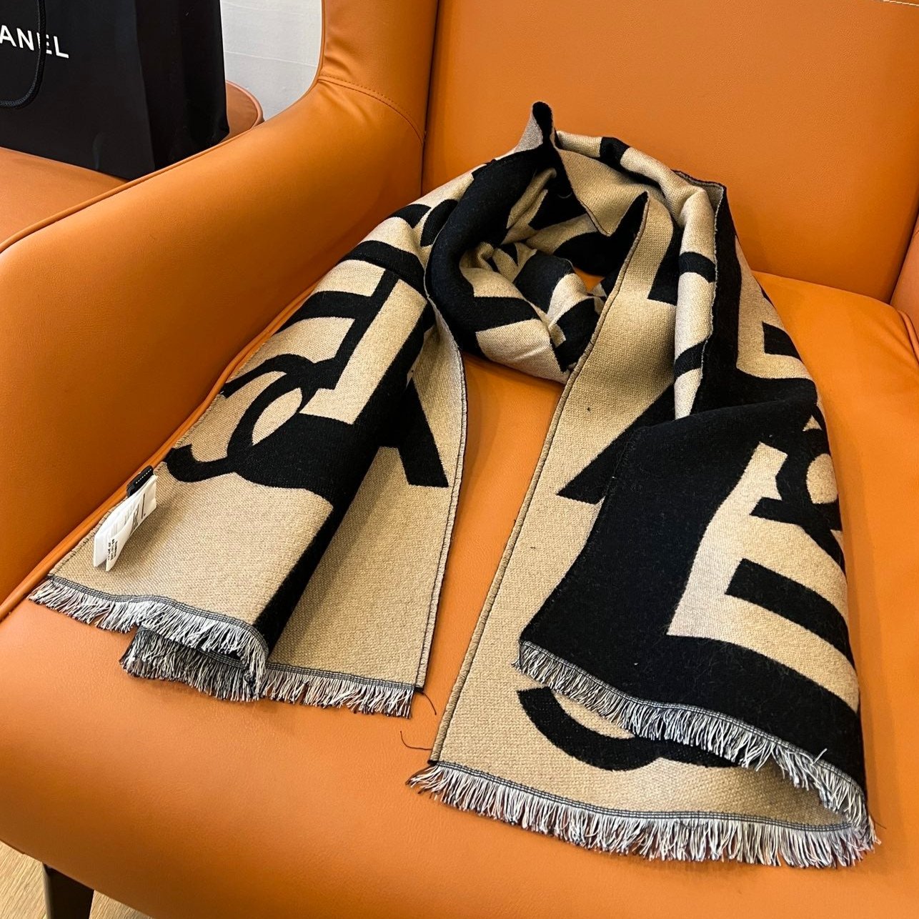 CC Scarf 202 CM In Black Mix Dark Beige Fleece Wool And Mulberry Silk 335914