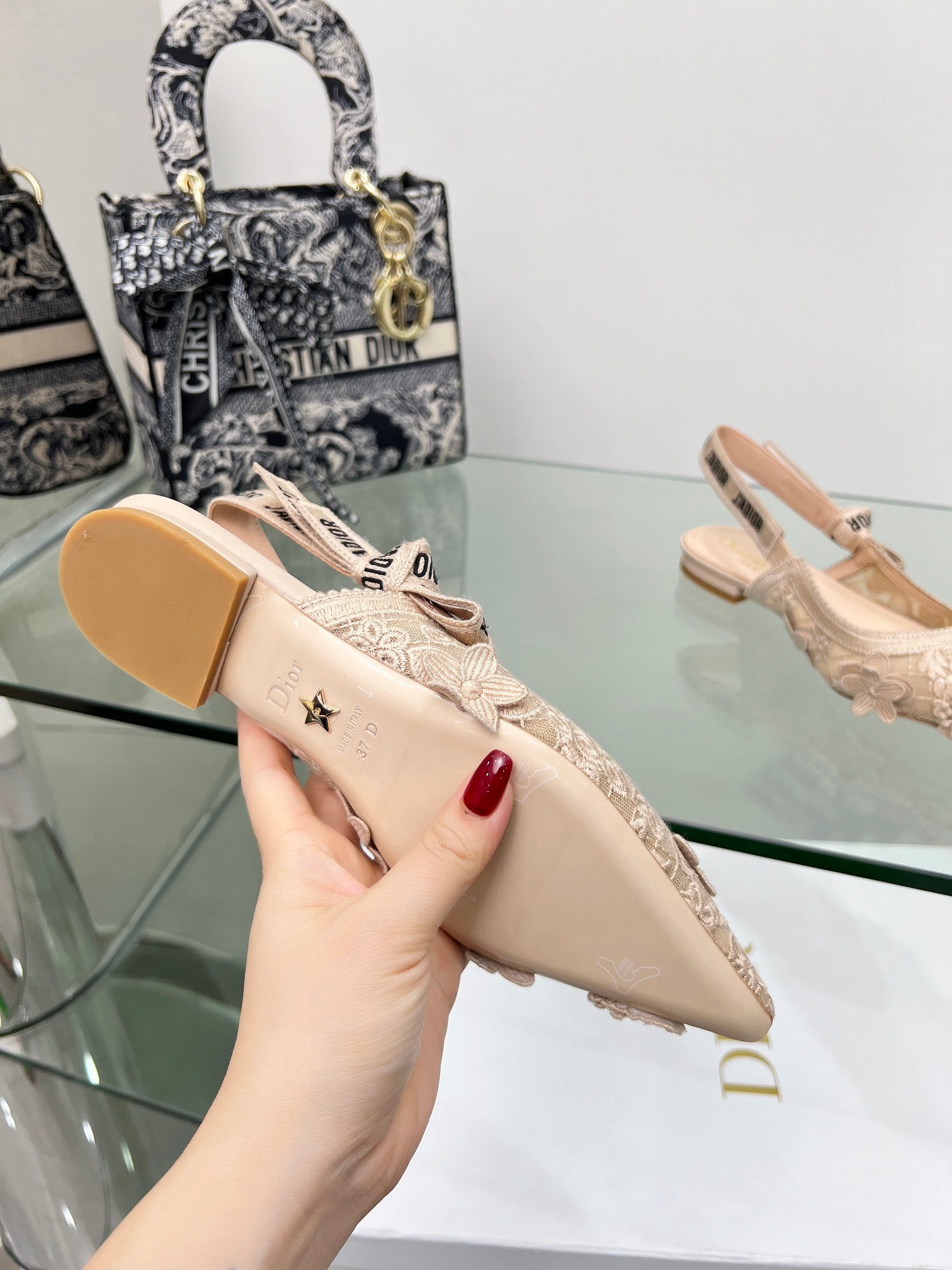 J'Adior Slingback Pump In Beige Floral Embroidered Lace Fabric 100840