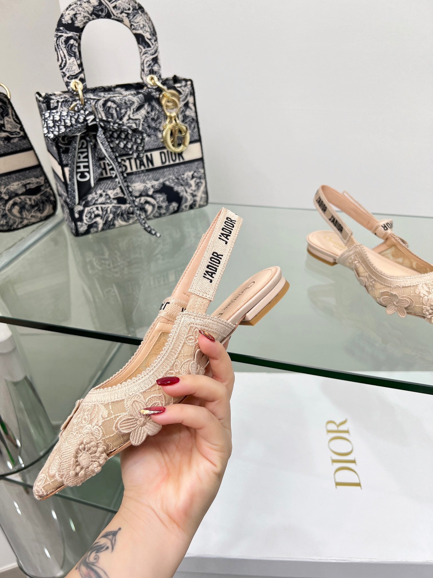 J'Adior Slingback Pump In Beige Floral Embroidered Lace Fabric 100840
