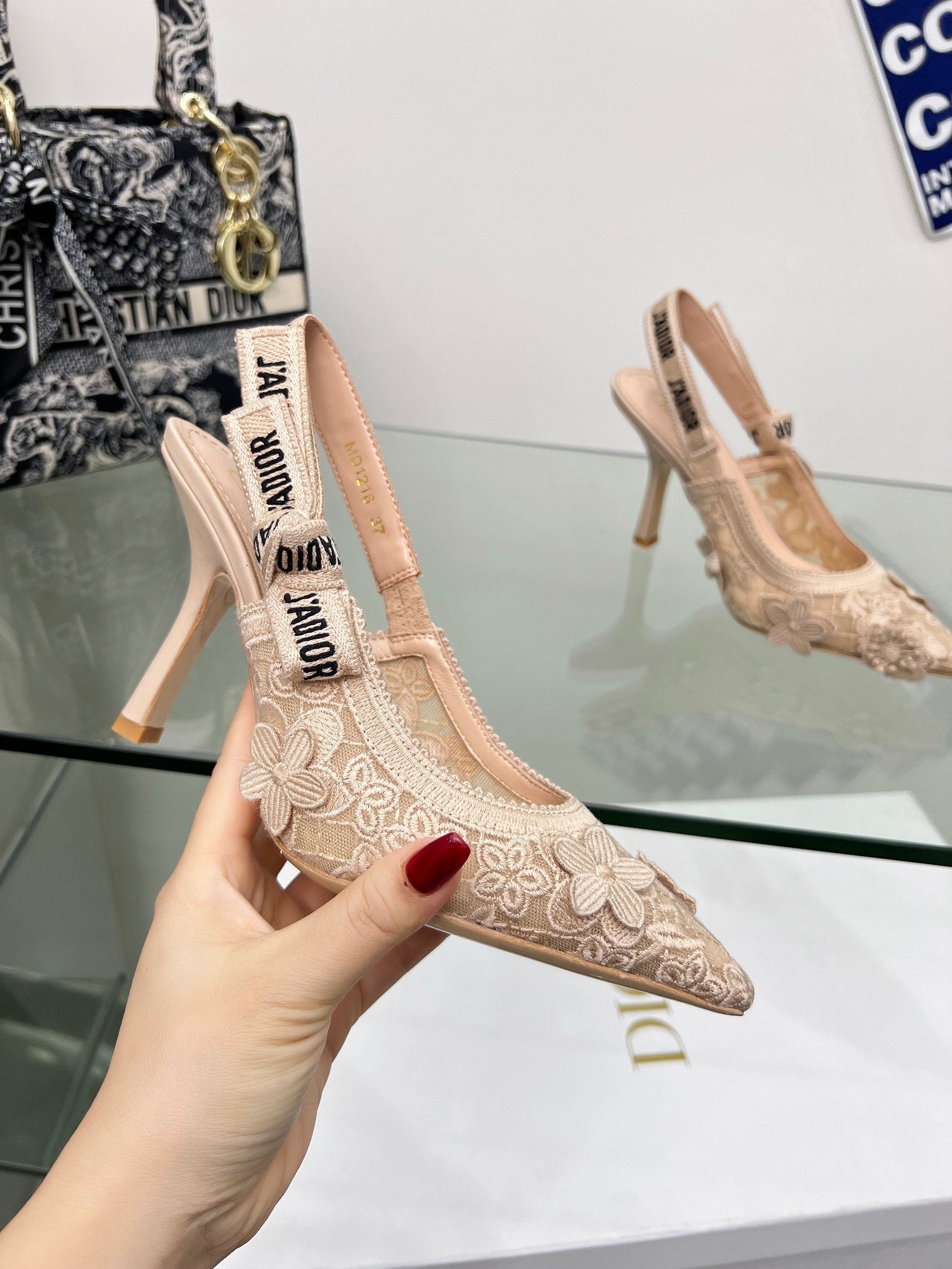 J'Adior Slingback Pump 95mm In Beige Floral Embroidered Lace Fabric 100842