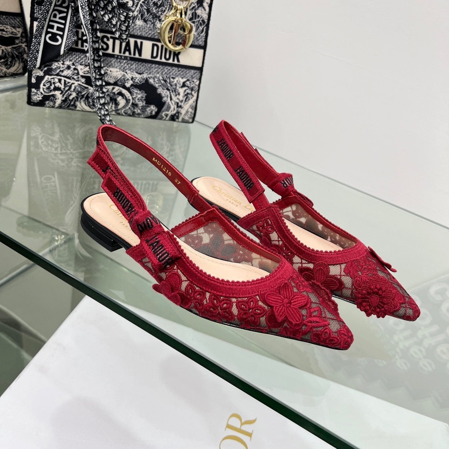 J'Adior Slingback Pump In Red Floral Embroidered Lace Fabric 100844