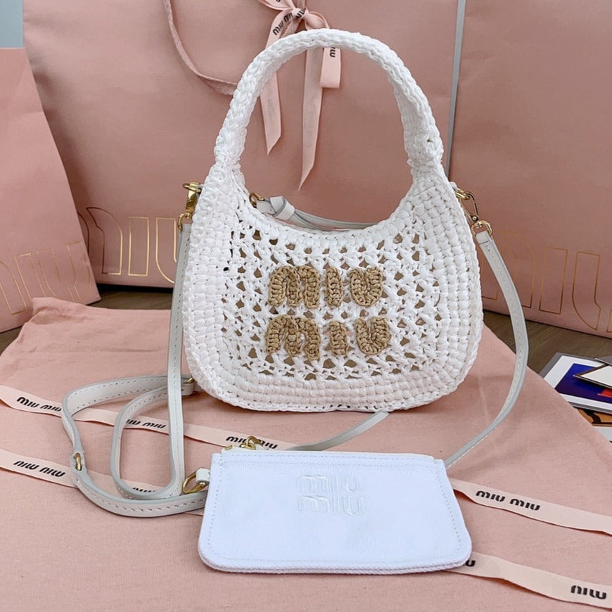 miu wander hobo bag 20cm white woven fabric