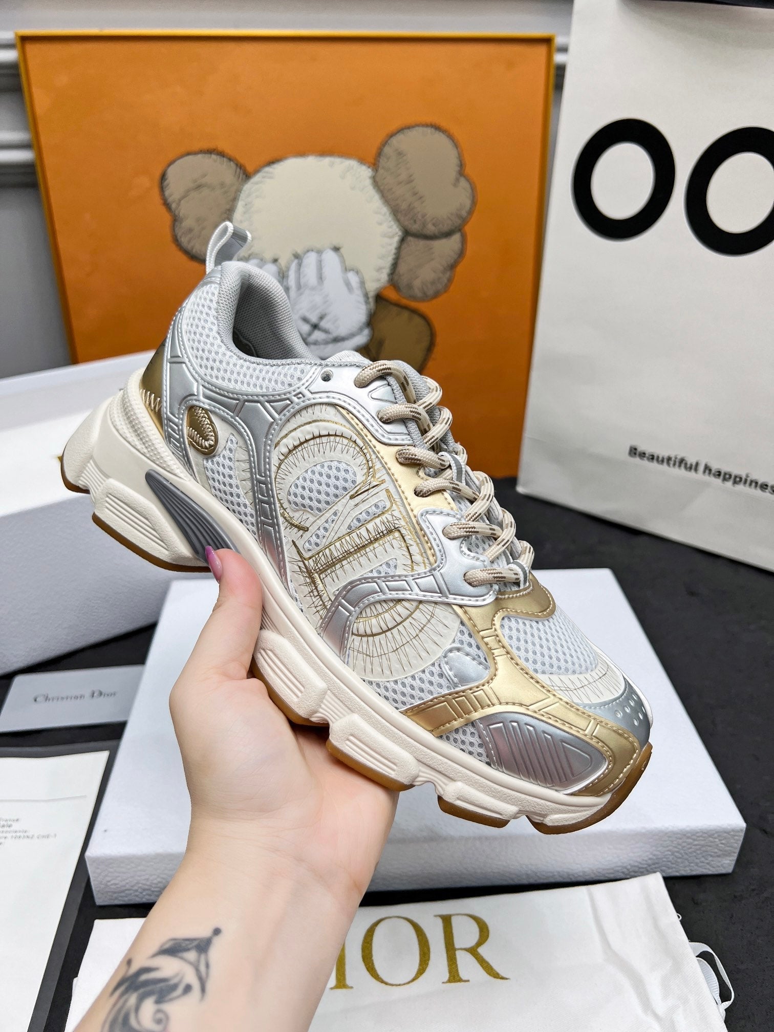 CD Chrono Sneaker Grey Gold Mesh Fabric And Calfskin