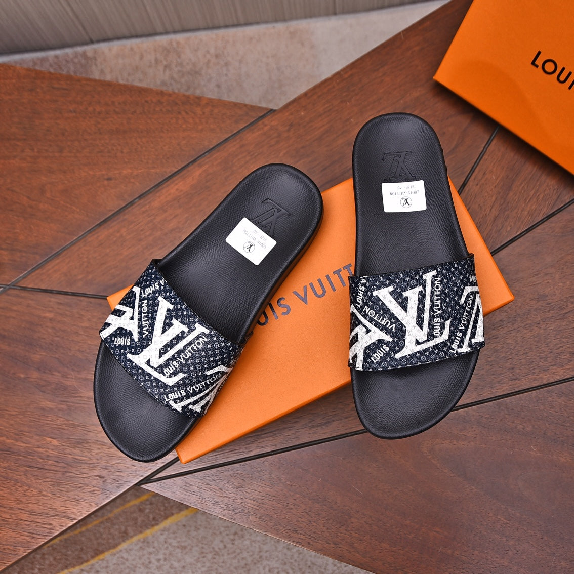 LV MULE BLACK WITH WHITE LOGO MONOGRAM CALFSKIN