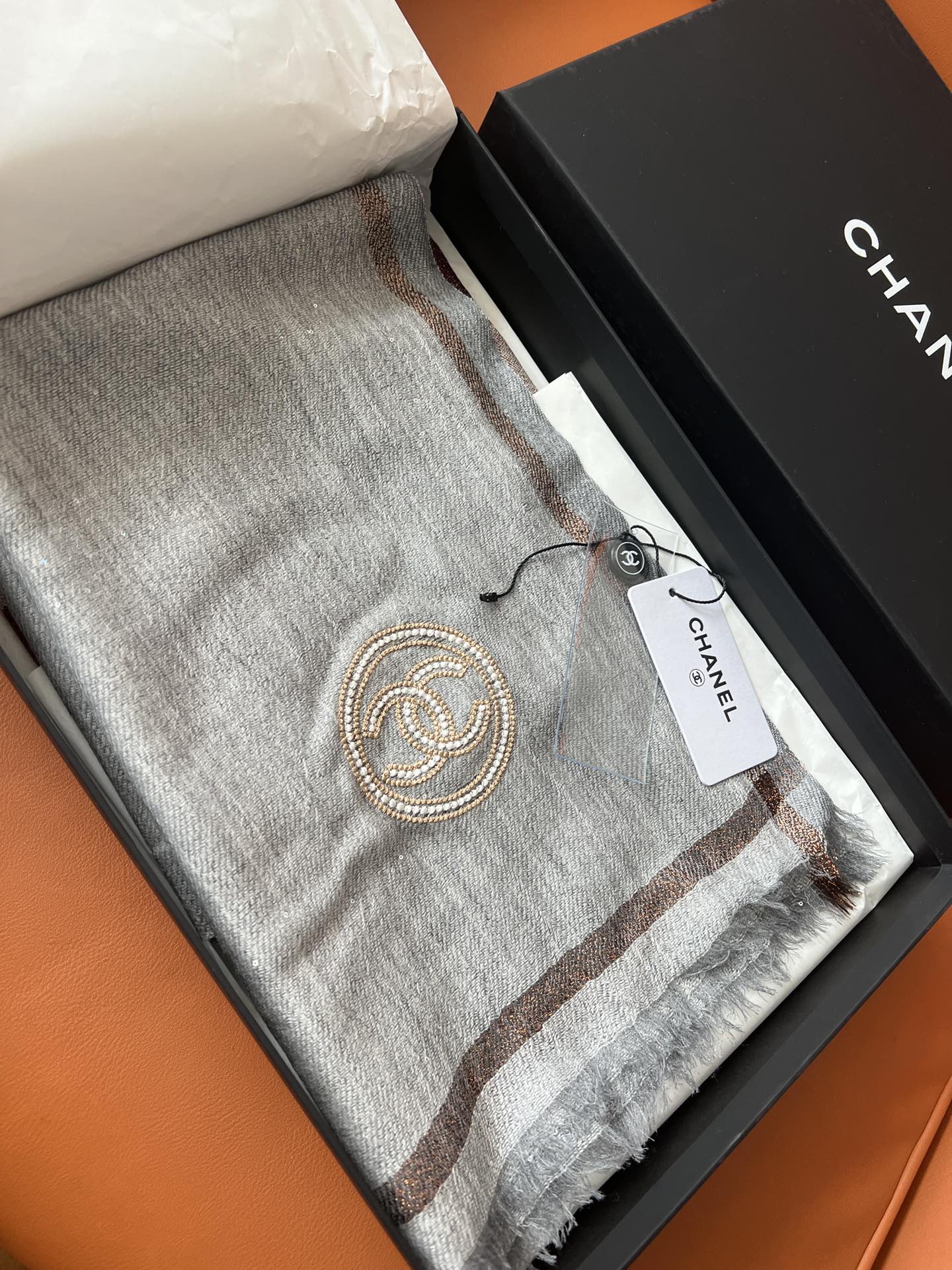 CC Square Scarf 100 CM In Grey Cashmere And Wool Mix Sequin Fabric 345992