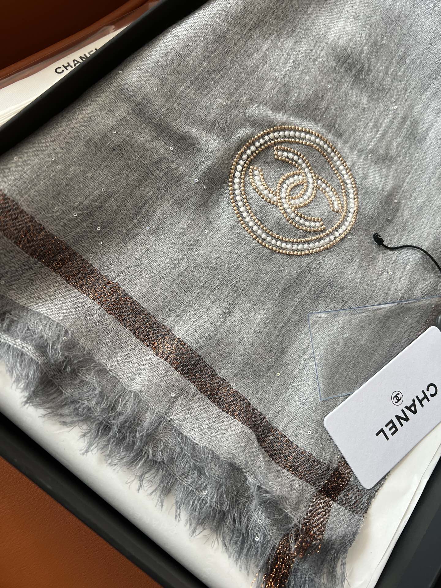 CC Square Scarf 100 CM In Grey Cashmere And Wool Mix Sequin Fabric 345992