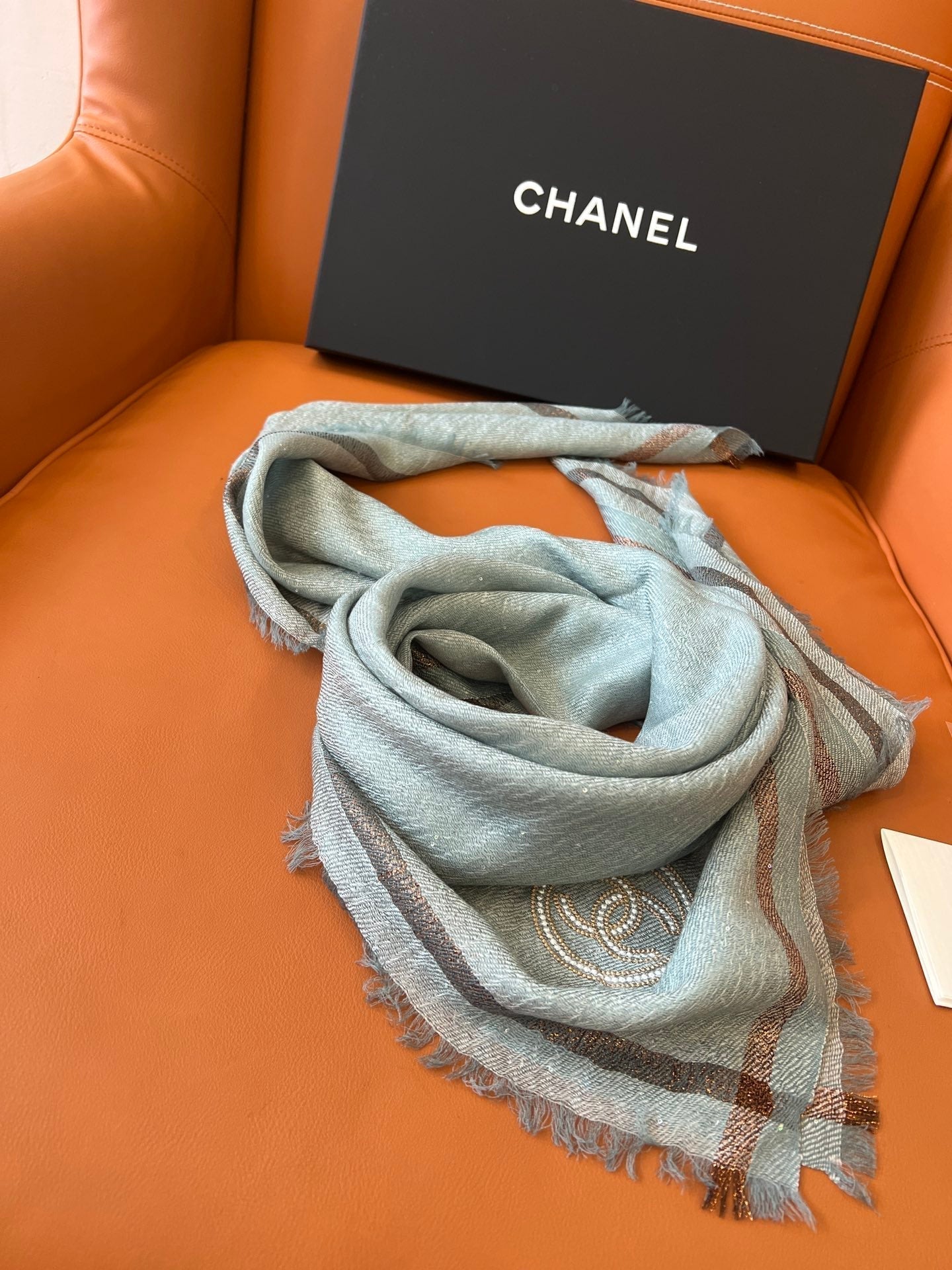 CC Square Scarf 100 CM In Grey Blue Cashmere And Wool Mix Sequin Fabric 345993