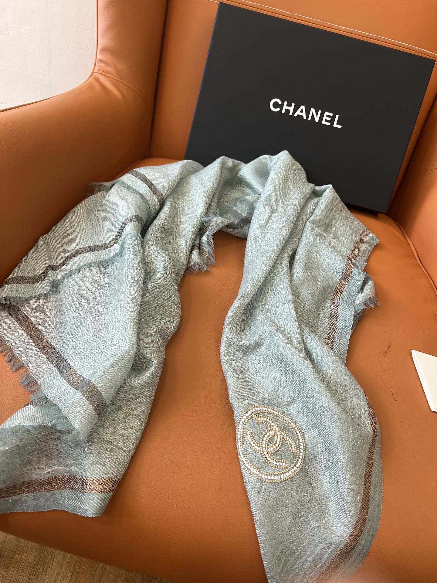 CC Square Scarf 100 CM In Grey Blue Cashmere And Wool Mix Sequin Fabric 345993