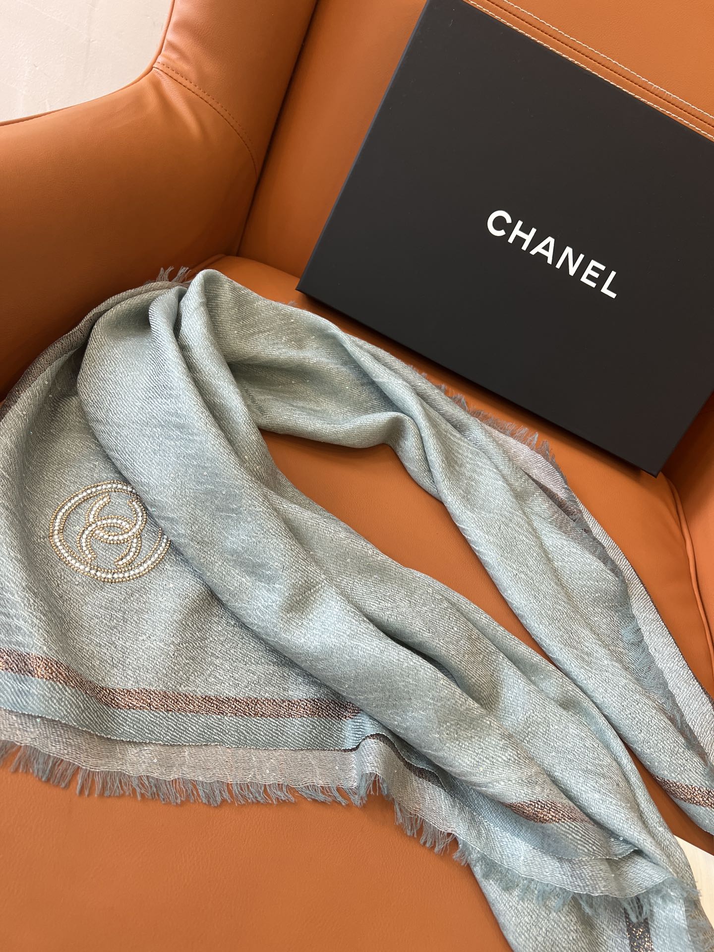 CC Square Scarf 100 CM In Grey Blue Cashmere And Wool Mix Sequin Fabric 345993