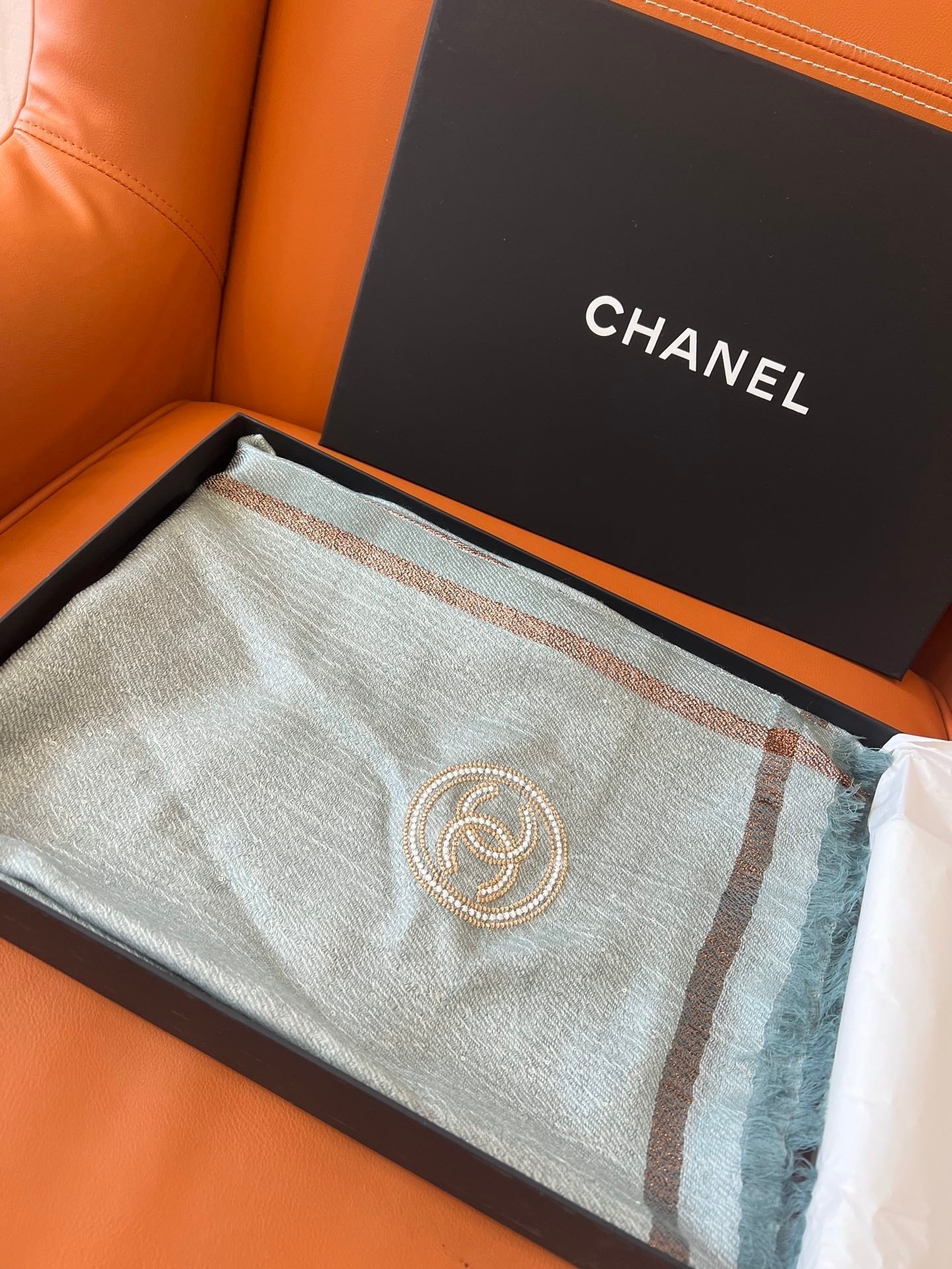 CC Square Scarf 100 CM In Grey Blue Cashmere And Wool Mix Sequin Fabric 345993