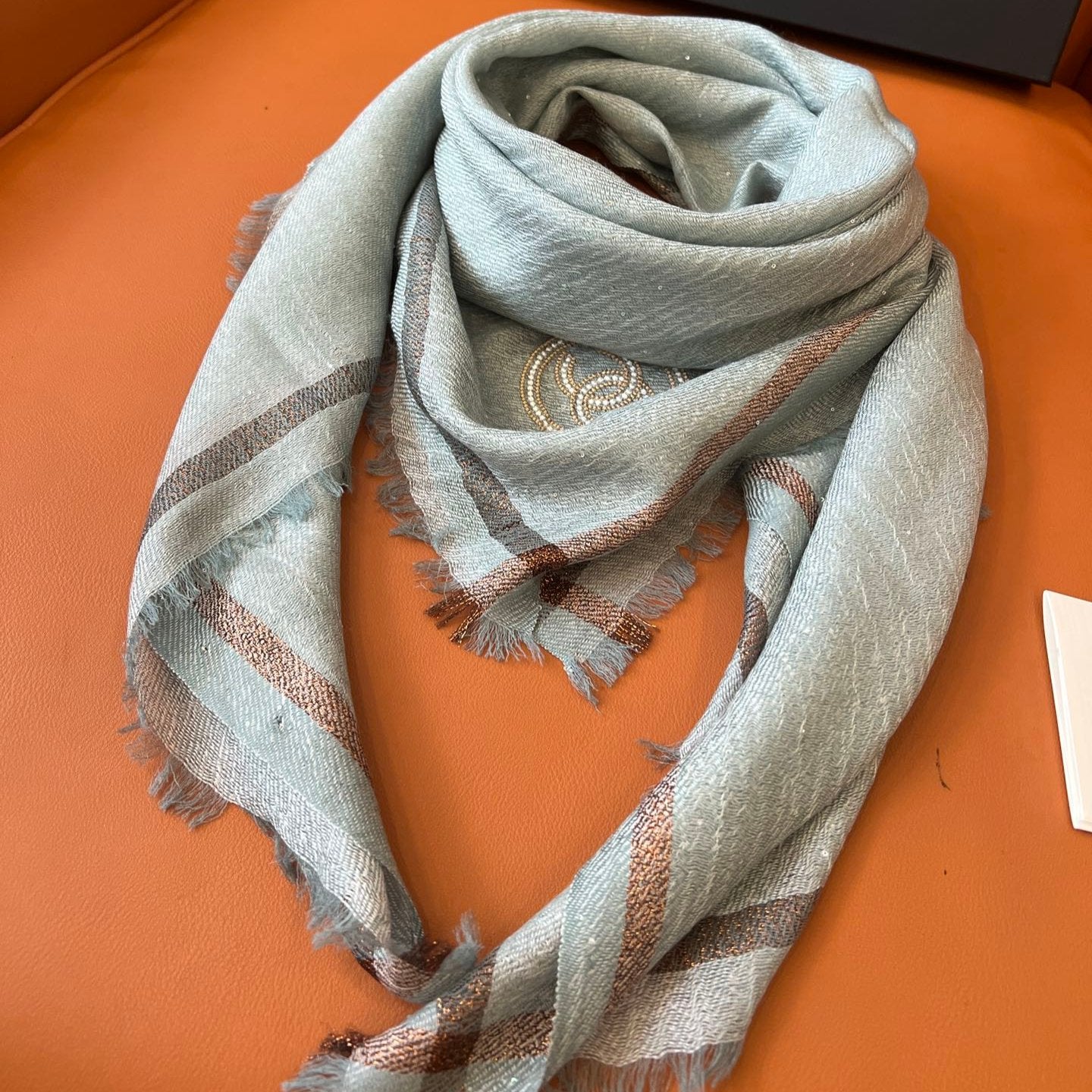 CC Square Scarf 100 CM In Grey Blue Cashmere And Wool Mix Sequin Fabric 345993