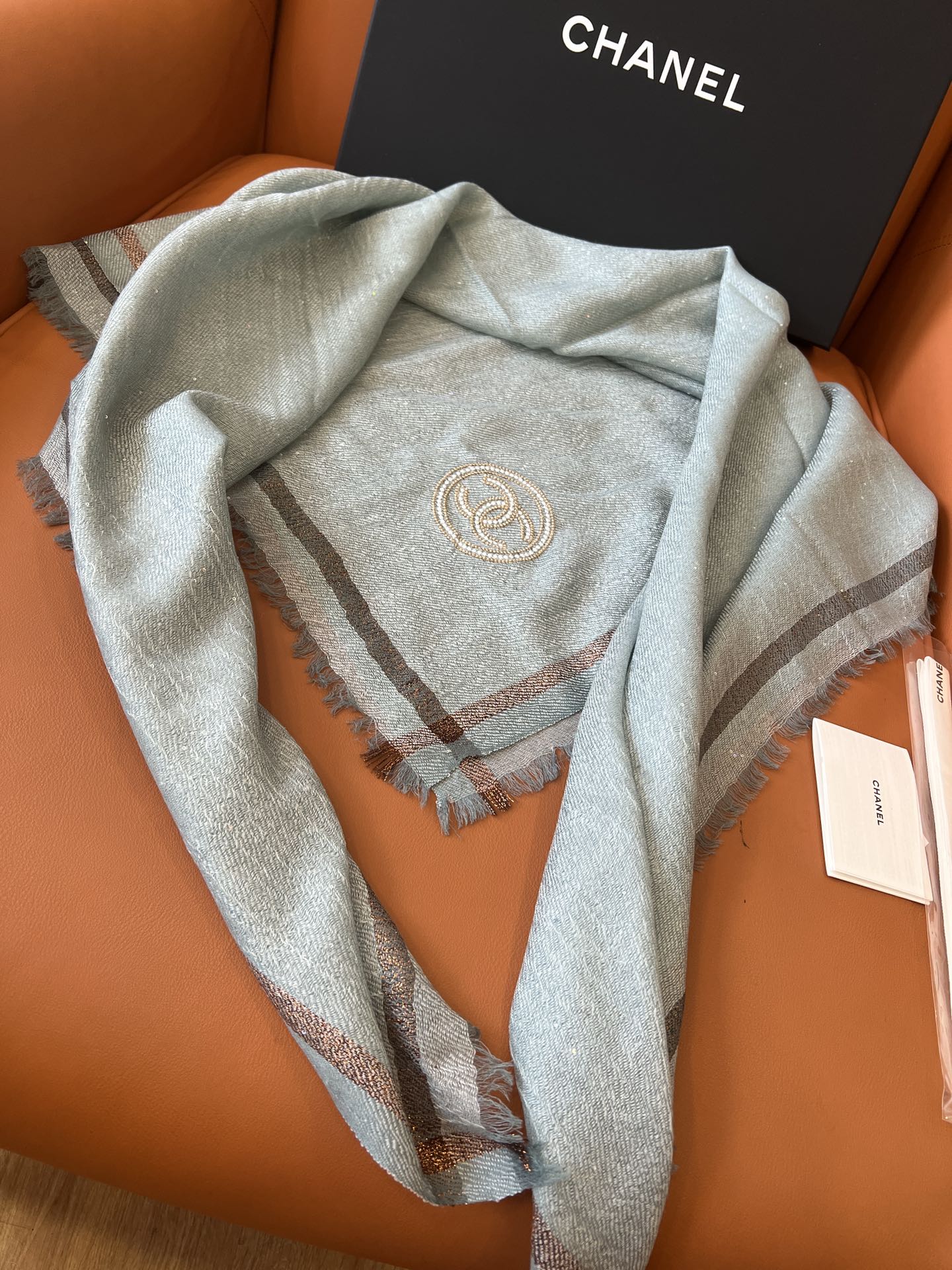 CC Square Scarf 100 CM In Grey Blue Cashmere And Wool Mix Sequin Fabric 345993