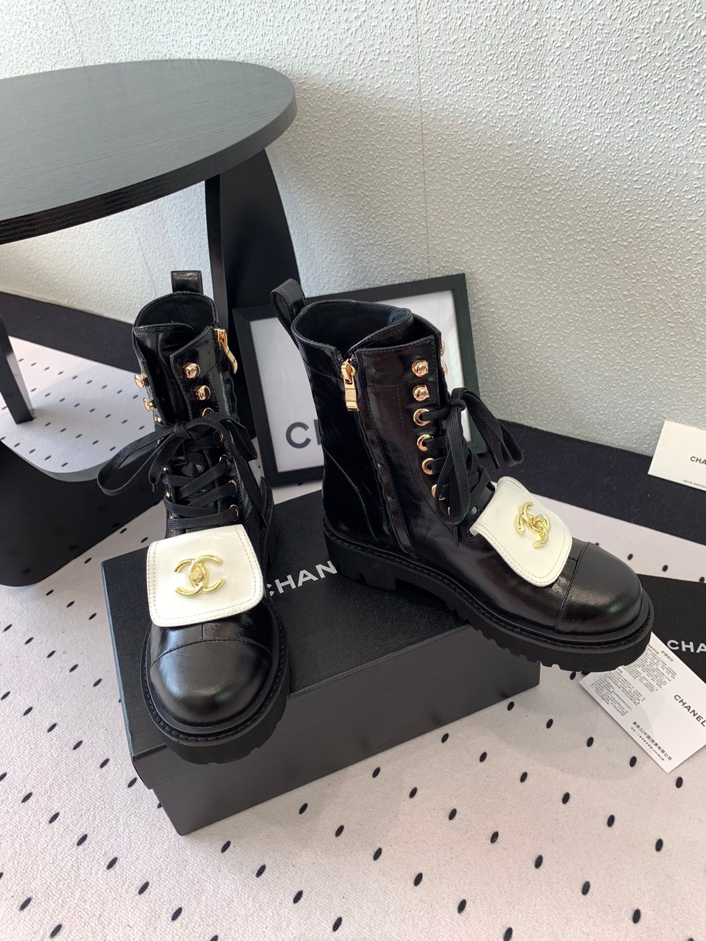 CC Short Boots In Black Mix White Logo Print Lambskin 938059