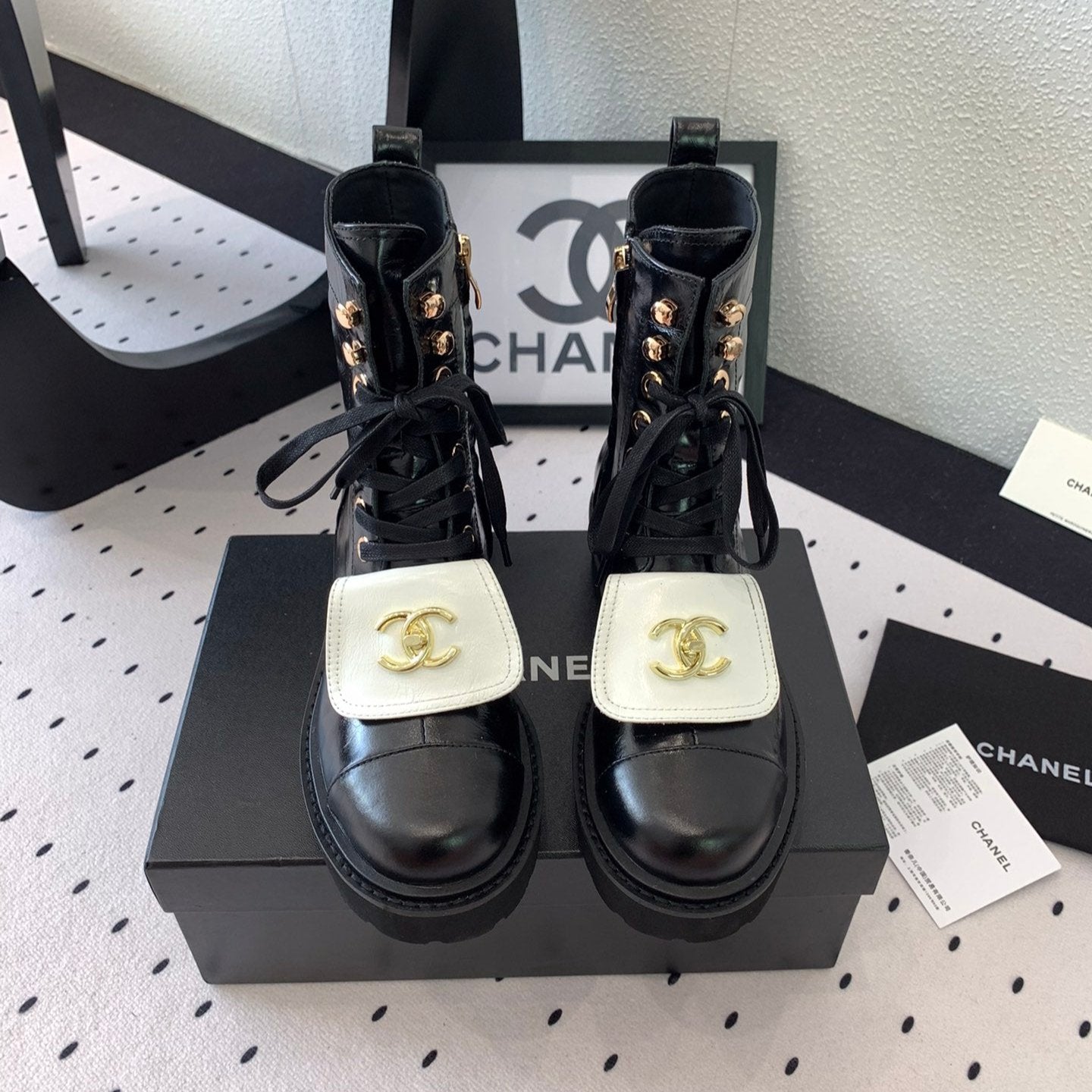 CC Short Boots In Black Mix White Logo Print Lambskin 938059