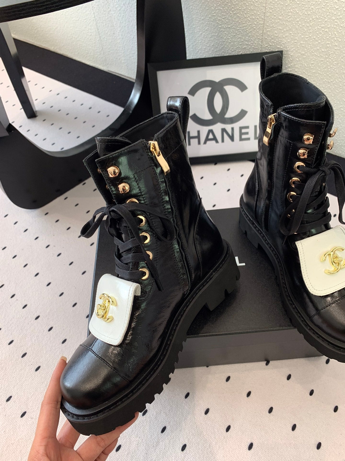 CC Short Boots In Black Mix White Logo Print Lambskin 938059