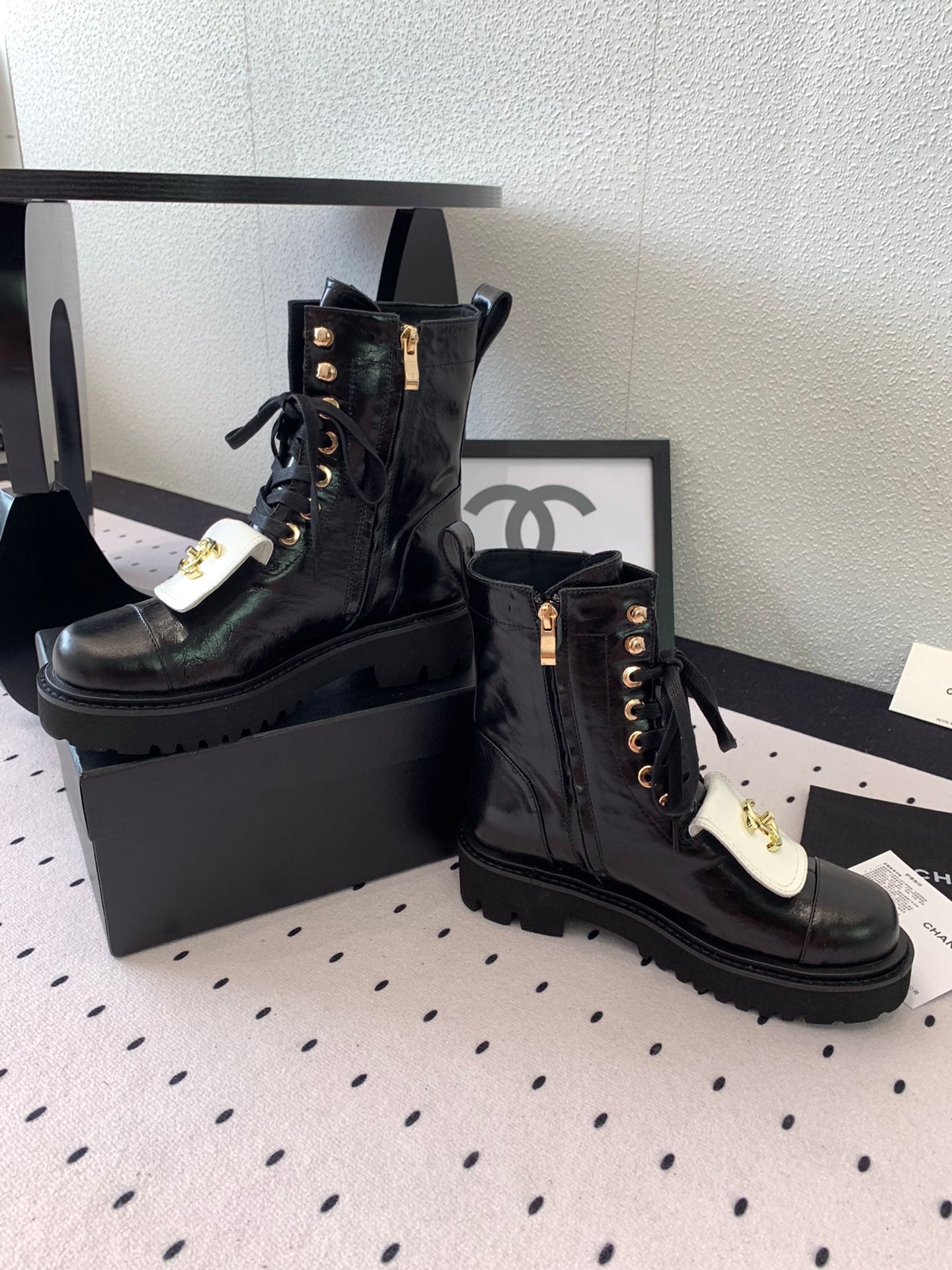 CC Short Boots In Black Mix White Logo Print Lambskin 938059