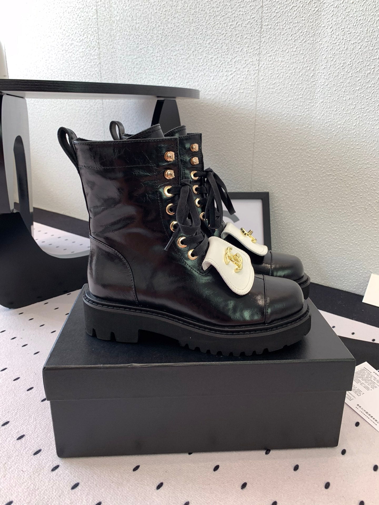 CC Short Boots In Black Mix White Logo Print Lambskin 938059