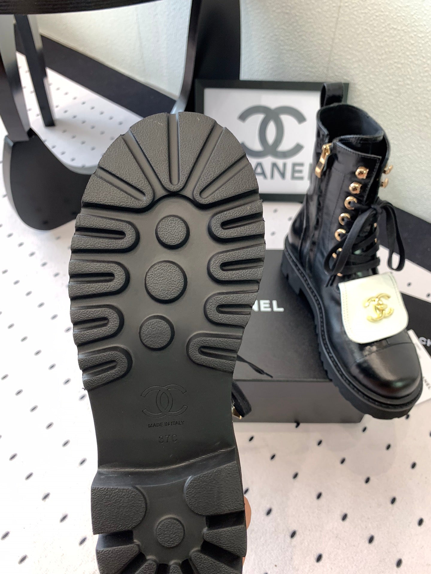 CC Short Boots In Black Mix White Logo Print Lambskin 938059