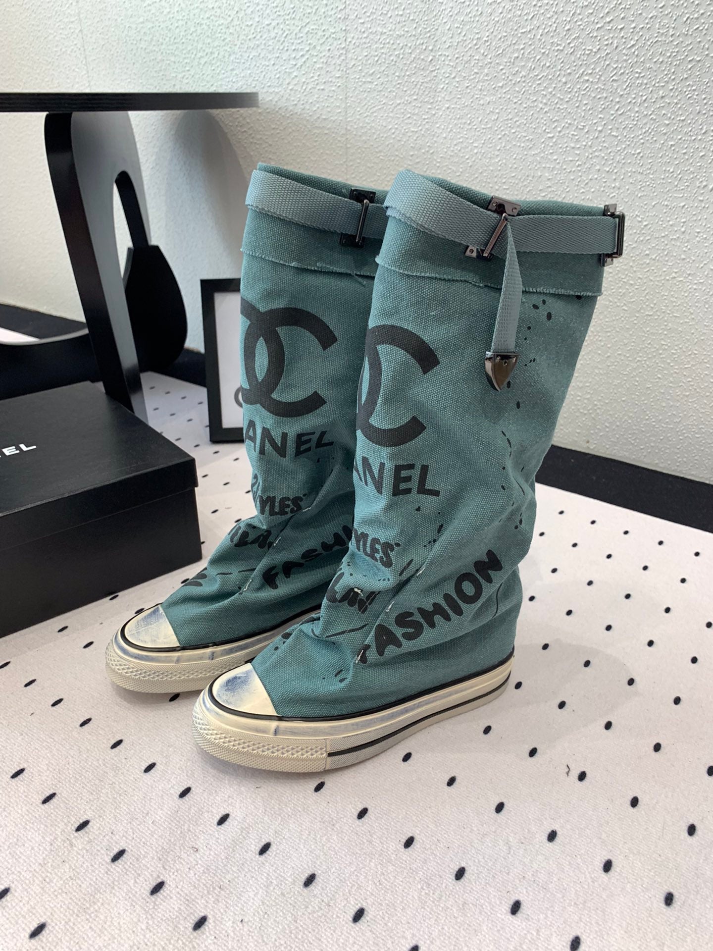 CC High-Top Canvas Boots Turquoise Black Denim Fabric 938047